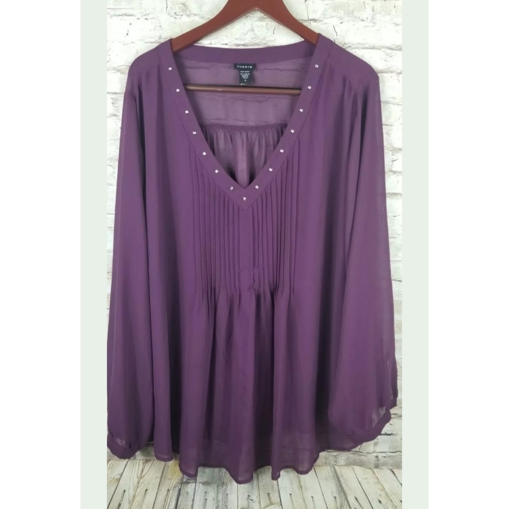 Torrid  Blouse Sheer Vneck Long Sleeve Mau…